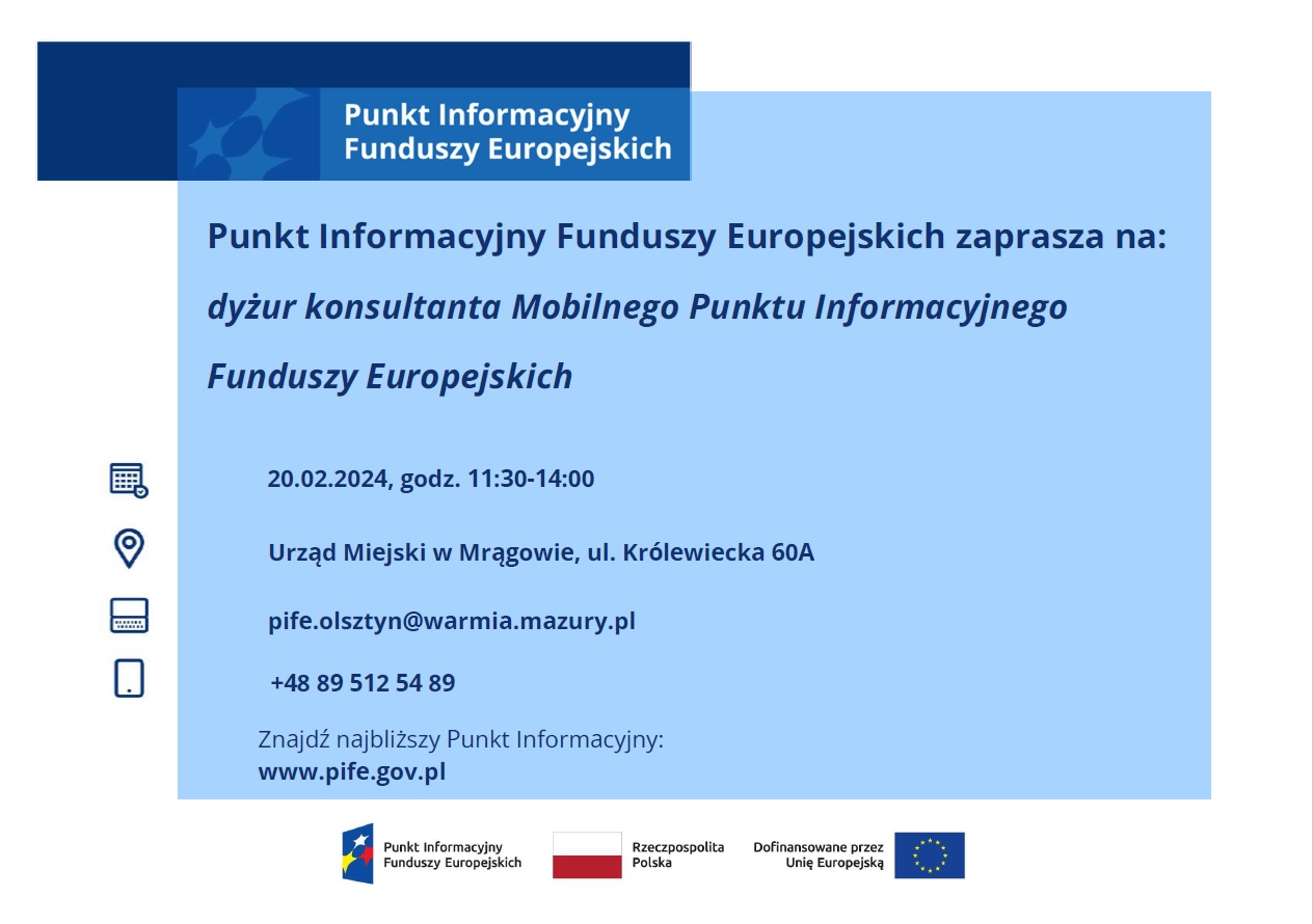 Obraz artykułu - Dyżur konsultanta Mobilnego Punktu Informacji Funduszy Europejskich w Mrągowie już 20 lutego