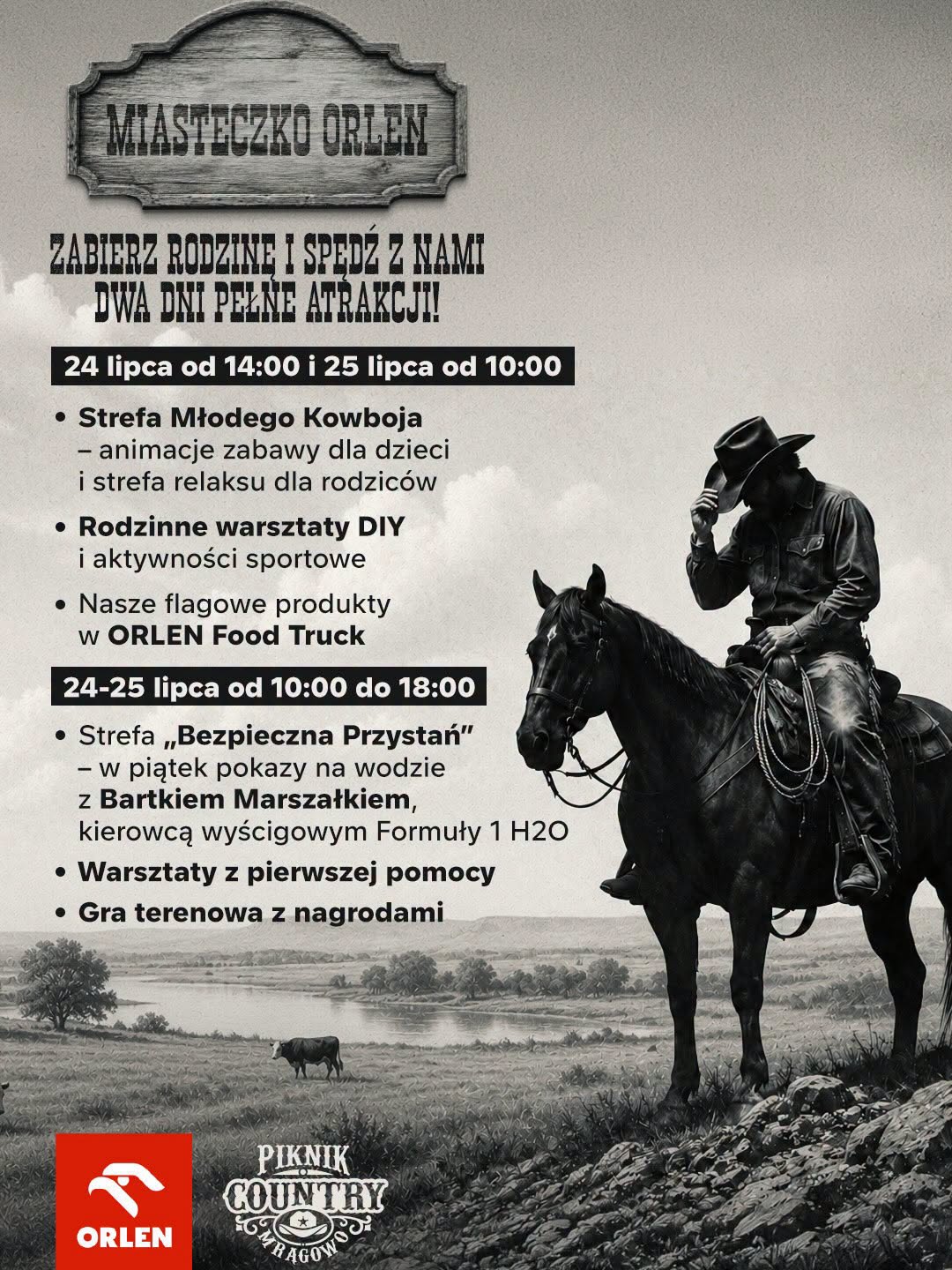 Obraz wyróżnionego artykułu: Poczuj kowbojski klimat w Miasteczku ORLEN podczas Pikniku Country w Mrągowie!