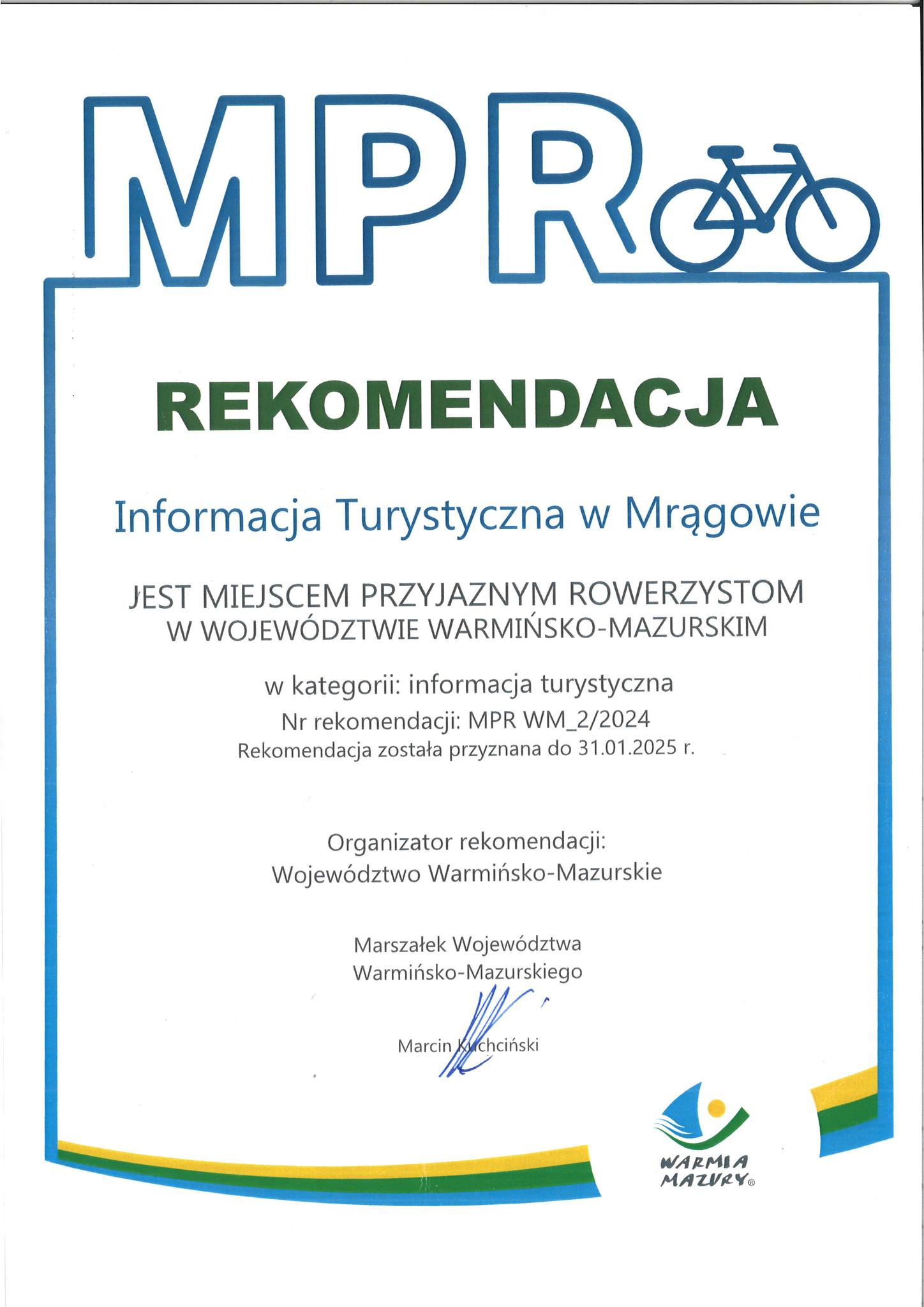 Przedłużono Rekomendację Miejsca Przyjaznego Rowerzystom dla Informacji Turystycznej w Mrągowie