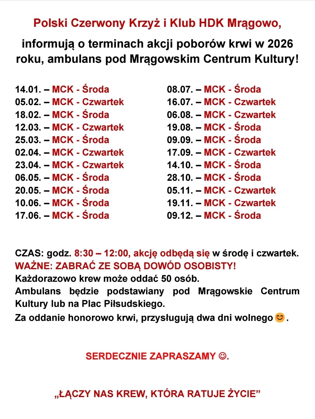 Obraz artykułu - Harmonogram akcji krwiodawstwa w 2026 w Mrągowie. Start już 14 stycznia