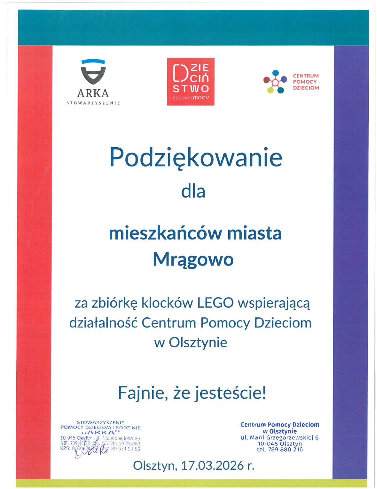 Obraz artykułu - Mrągowska „cegiełka” dla Centrum Pomocy Dzieciom w Olsztynie. Przekazaliśmy 12 kg klocków LEGO!